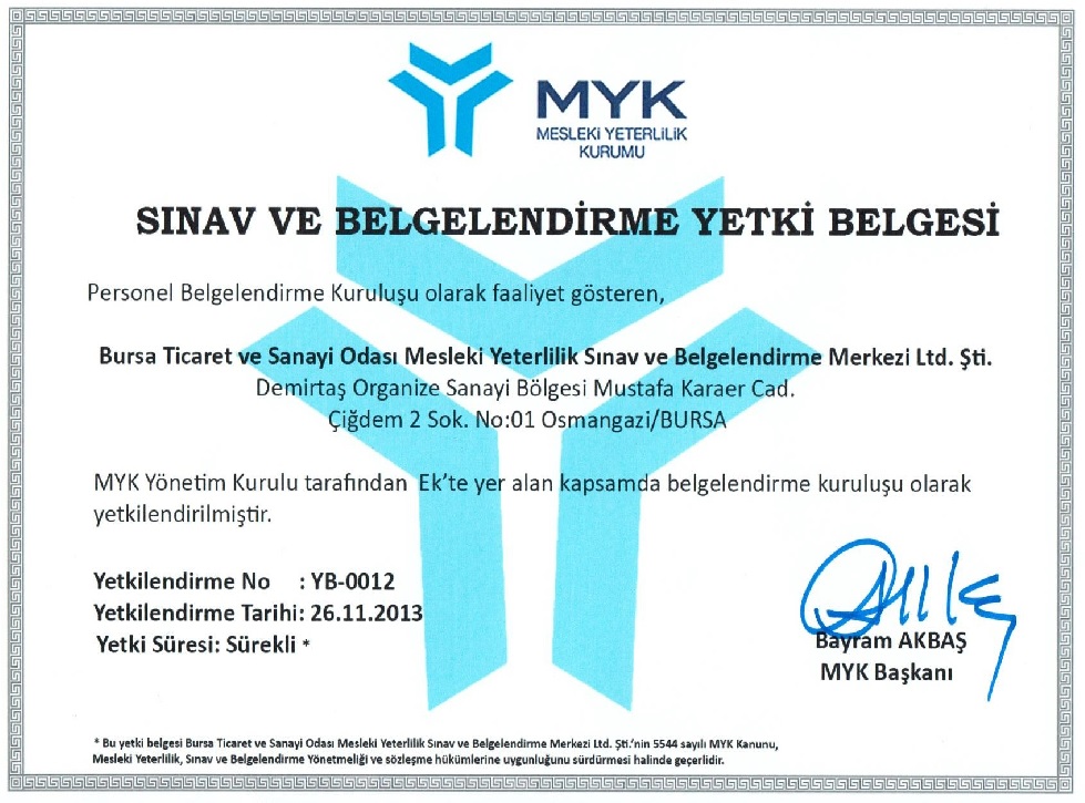 Yetki Belgelerimiz Bursa Btso Mesleki Yeterlilik Sinav Ve Belgelendirme Merkezi